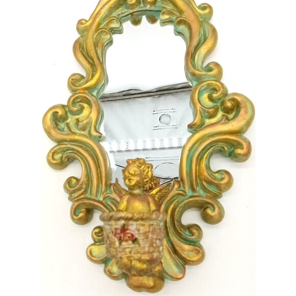 Hollywood Regency Gold With Turquoise Accents Ornate 9X14 Angel Sconce Mirror - Picture 3 of 7